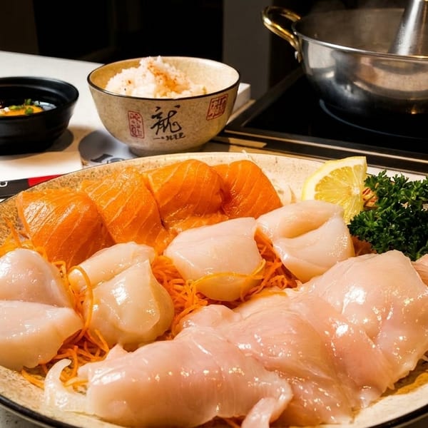 Shabu Shabu hot pot with raw salmon, scallops, chicken, rice, and dipping sauce on a table.