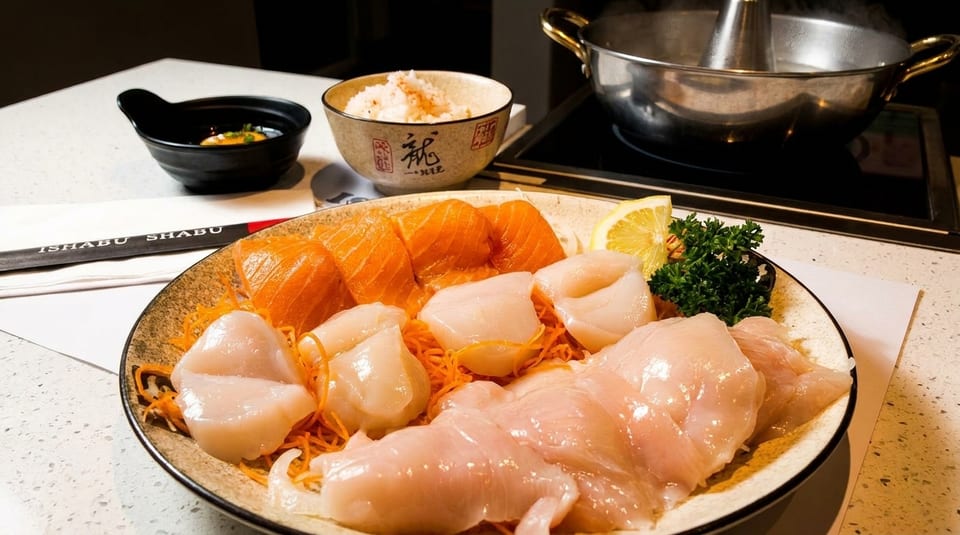 Shabu Shabu hot pot with raw salmon, scallops, chicken, rice, and dipping sauce on a table.