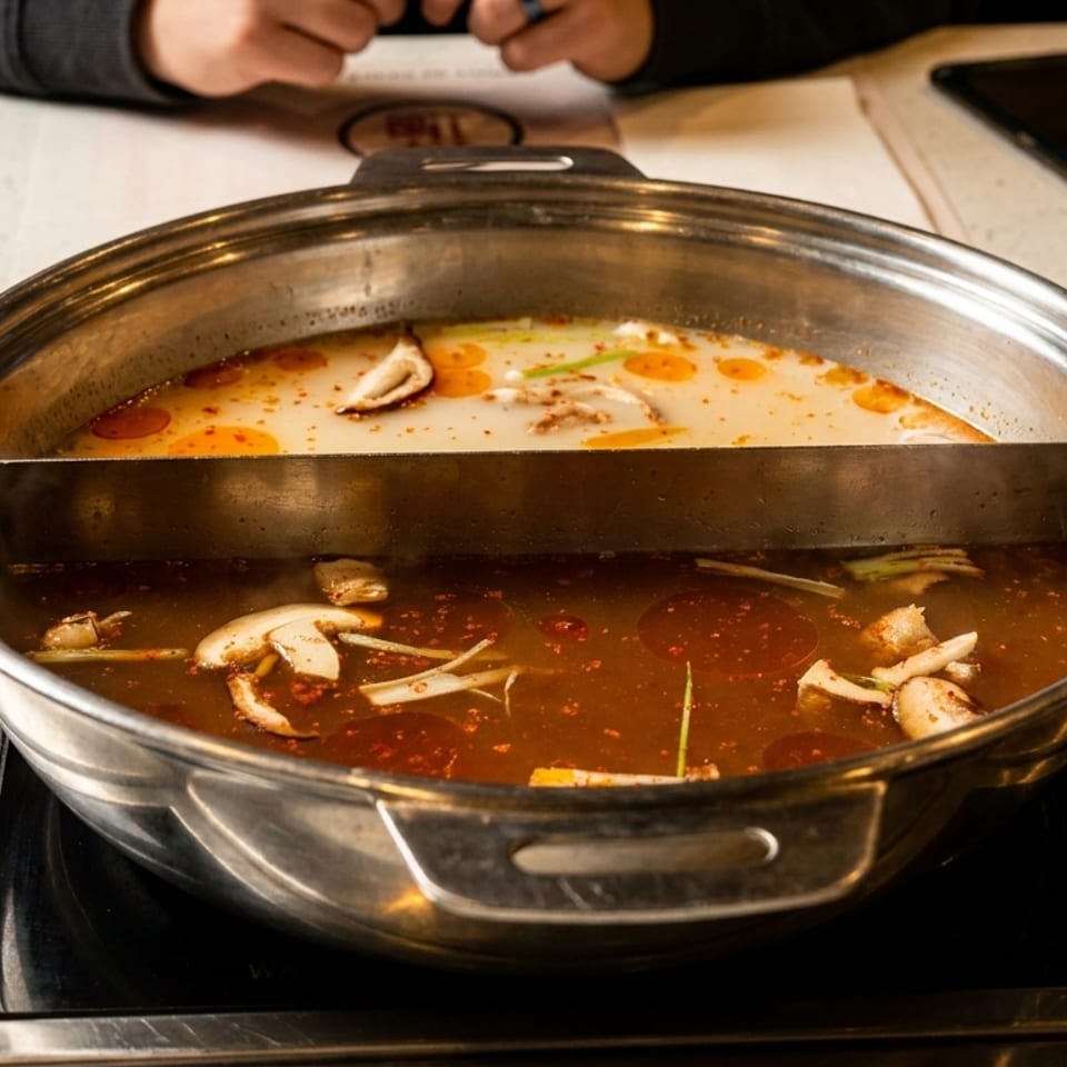 A hot pot with two broths, one spicy red and one creamy white, simmering on a burner.