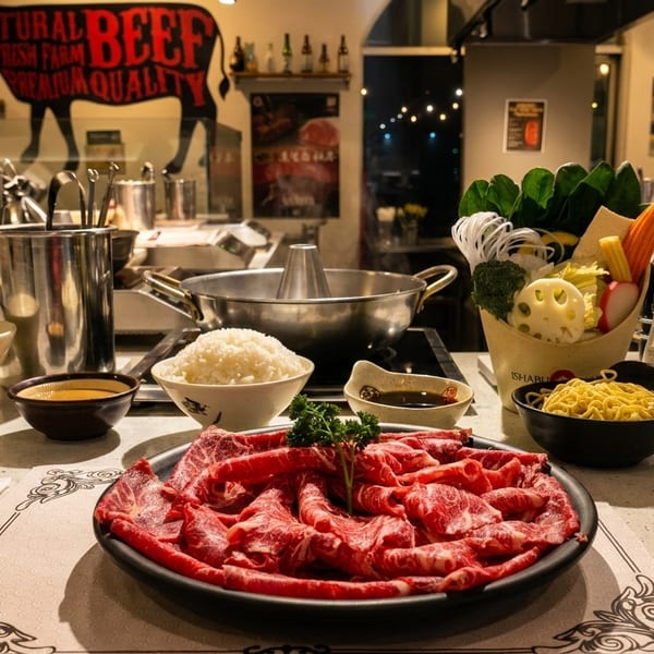 Shabu-shabu hot pot meal with thinly sliced beef, vegetables, noodles, and rice on a table.