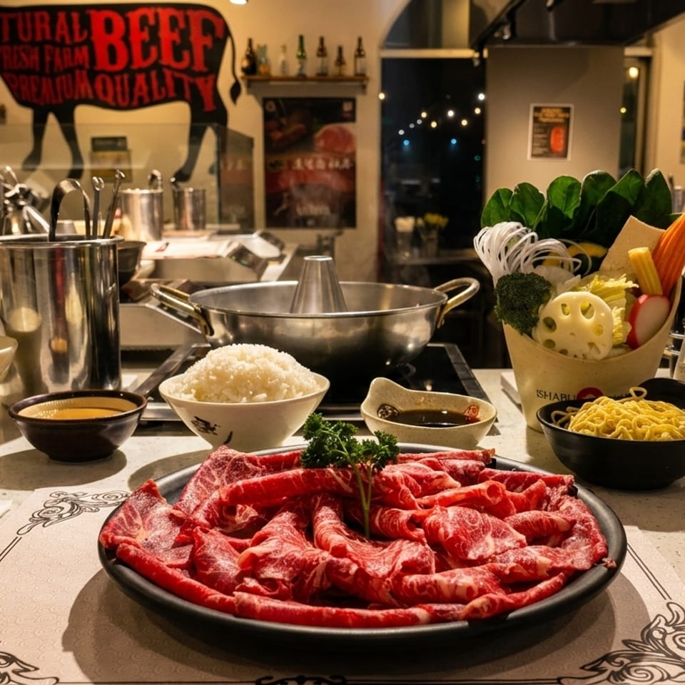 Shabu-shabu hot pot meal with thinly sliced beef, vegetables, noodles, and rice on a table.