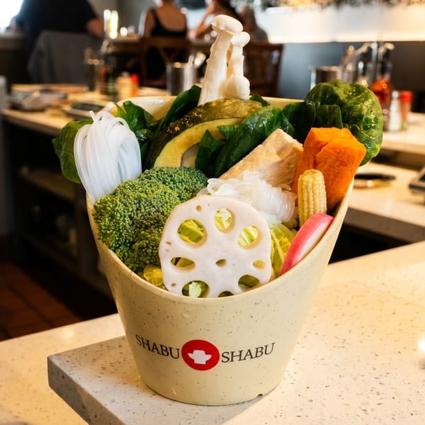 A bucket of fresh vegetables and noodles for Shabu Shabu hot pot on a restaurant counter.